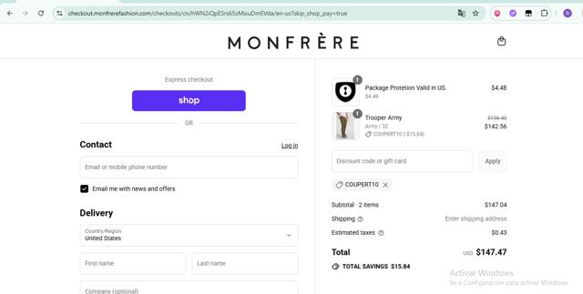 Monfrère checkout page showing Monfrère promo code box | Screenshot taken by SimplyCodes community member on Sep 7, 2025