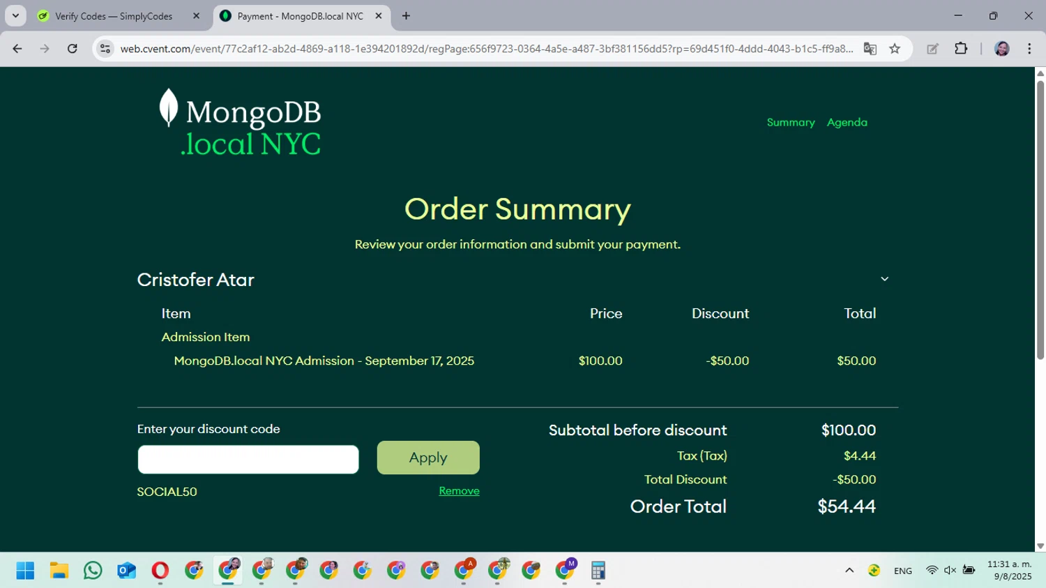 MongoDB promo code screenshot showing code SOCIAL50 applied at MongoDB checkout page. Uploaded by SimplyCodes community member MarielisPb on Aug 9, 2025