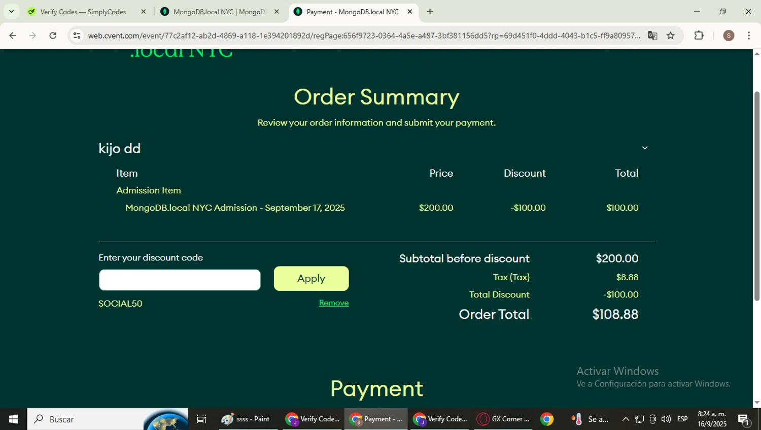 MongoDB promo code screenshot showing code SOCIAL50 applied at MongoDB checkout page. Uploaded by SimplyCodes community member WiseExpert2972 on Sep 16, 2025