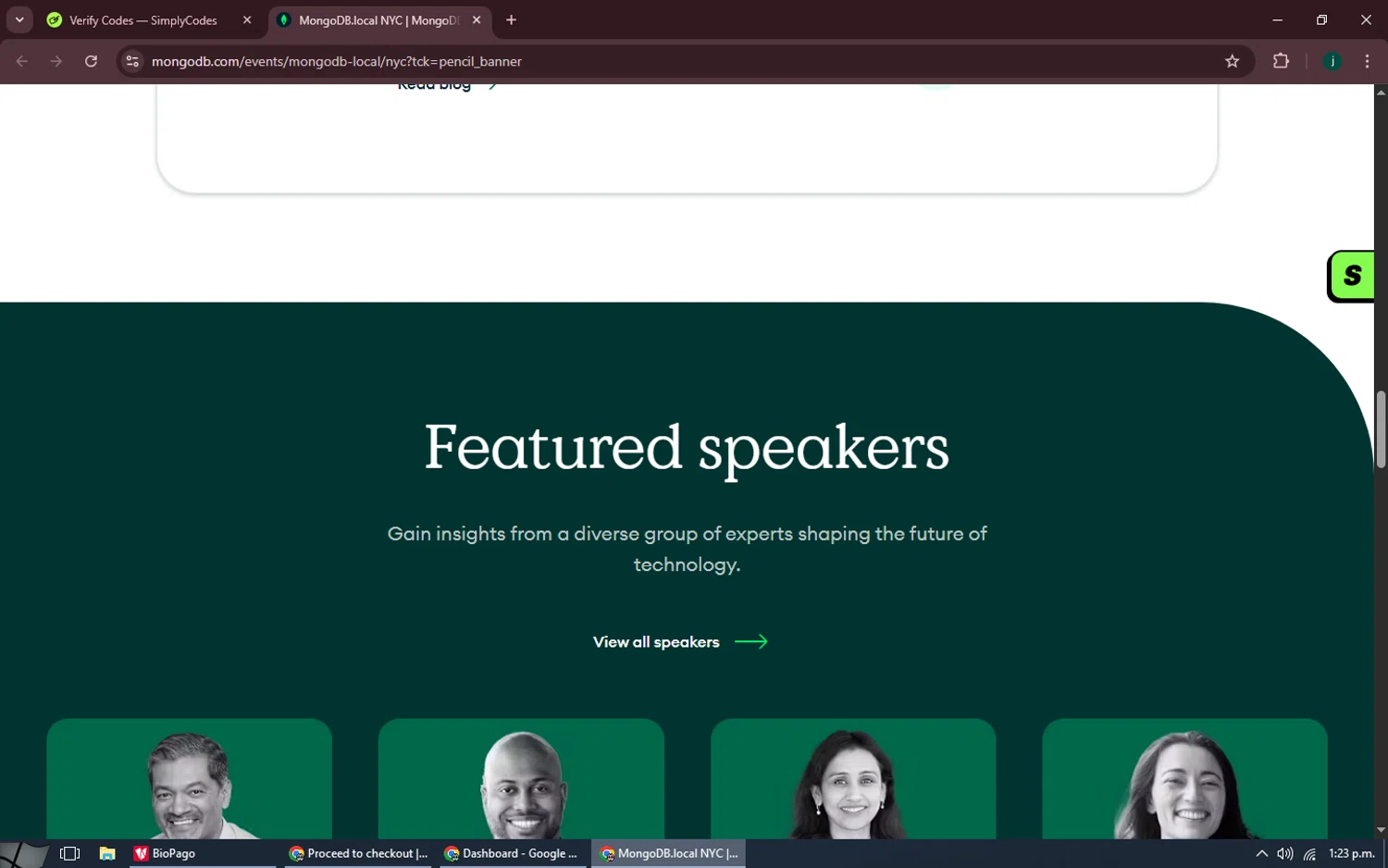 MongoDB promo code screenshot showing code WEB50 applied at MongoDB checkout page. Uploaded by SimplyCodes community member MoneySpotter5416 on Sep 19, 2025