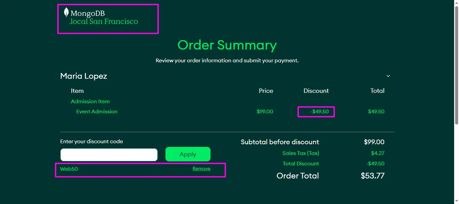 MongoDB promo code screenshot showing code WEB50 applied at MongoDB checkout page. Uploaded by SimplyCodes community member mrdarcy on Dec 27, 2025