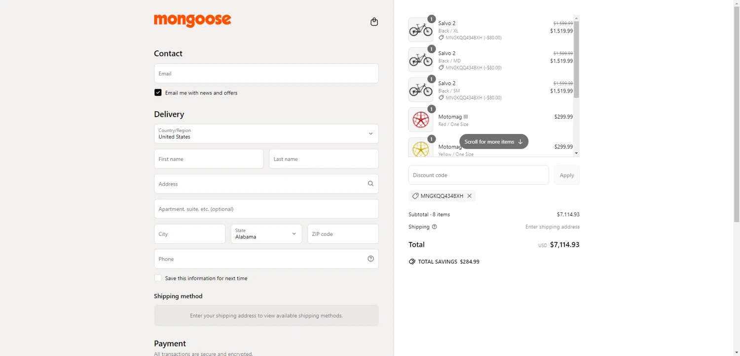 Mongoose checkout page showing Mongoose promo code box | Screenshot taken by SimplyCodes community member on May 22, 2025