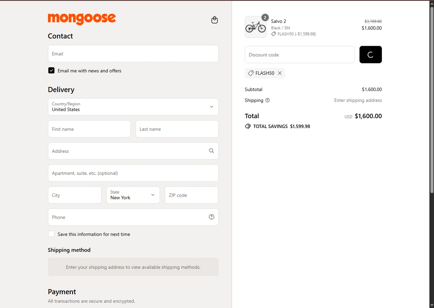 Mongoose promo code screenshot showing code FLASH50 applied at Mongoose checkout page. Uploaded by SimplyCodes community member MagnificentFalcon188 on Jul 3, 2025