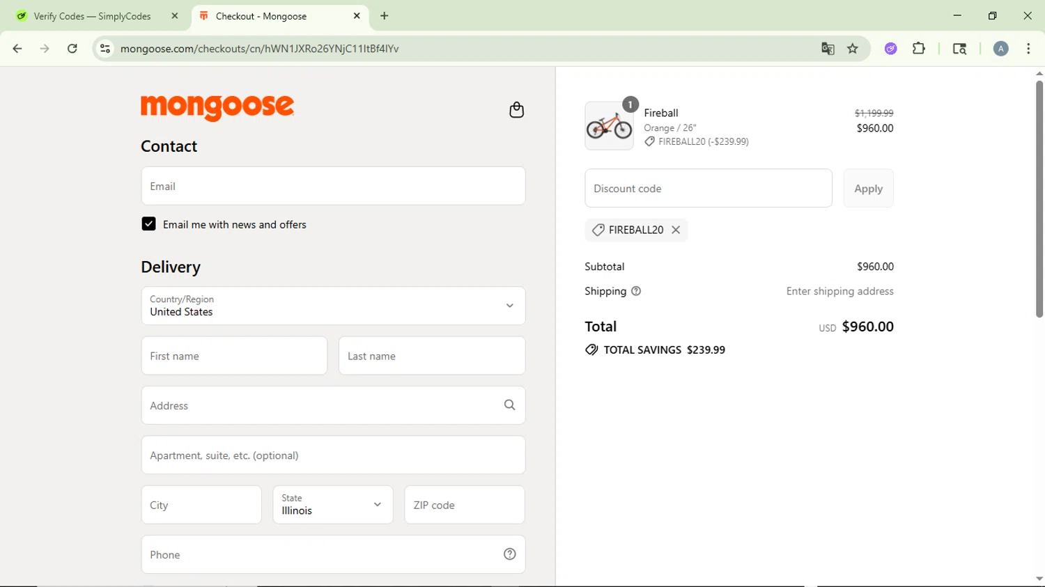 Mongoose checkout page showing Mongoose promo code box | Screenshot taken by SimplyCodes community member on Aug 1, 2025