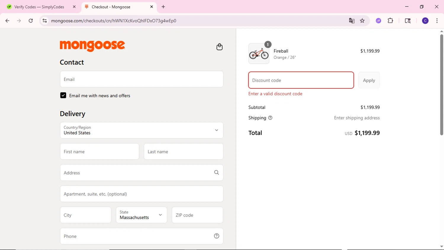 Mongoose promo code screenshot showing code FIREBALL20 applied at Mongoose checkout page. Uploaded by SimplyCodes community member MoneyWizard2699 on Aug 7, 2025