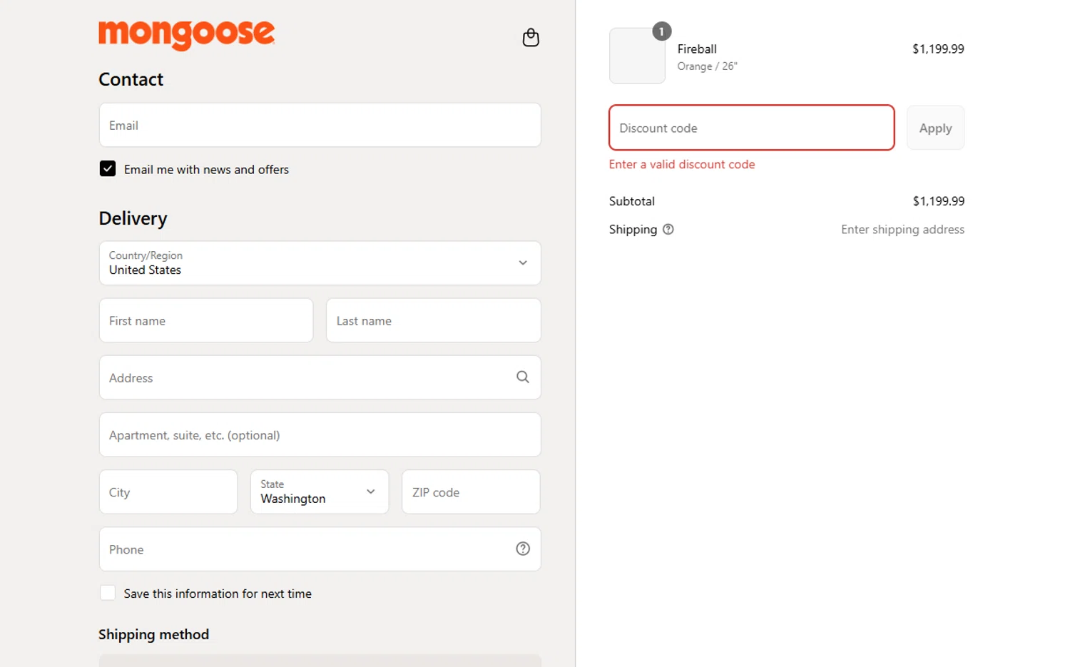 Mongoose promo code screenshot showing code FIREBALL20 applied at Mongoose checkout page. Uploaded by SimplyCodes community member joandgray9 on Aug 8, 2025