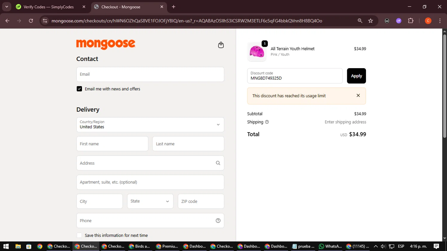 Mongoose promo code screenshot showing code MNG8D749325D applied at Mongoose checkout page. Uploaded by SimplyCodes community member NatanaelCano on Dec 13, 2025