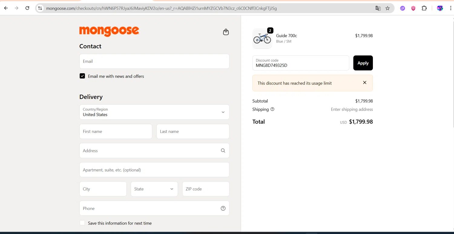 Mongoose promo code screenshot showing code MNG8D749325D applied at Mongoose checkout page. Uploaded by SimplyCodes community member ingric on Dec 14, 2025