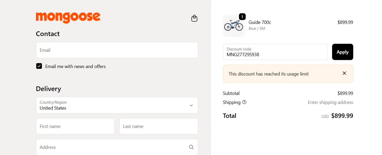 Mongoose promo code screenshot showing code MNG27729S938 applied at Mongoose checkout page. Uploaded by SimplyCodes community member Adielbarbera on Dec 13, 2025