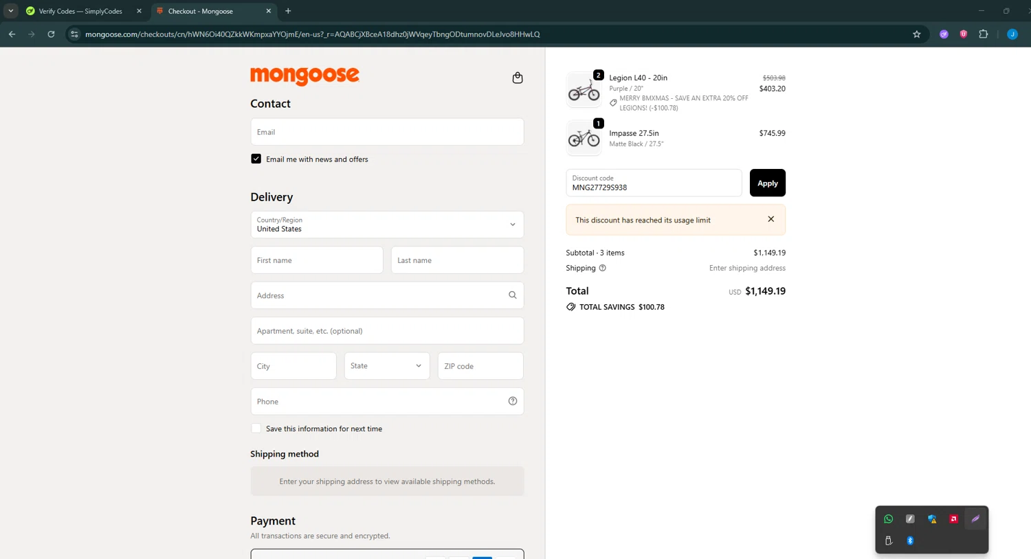 Mongoose promo code screenshot showing code MNG27729S938 applied at Mongoose checkout page. Uploaded by SimplyCodes community member BargainGuardian280 on Dec 13, 2025