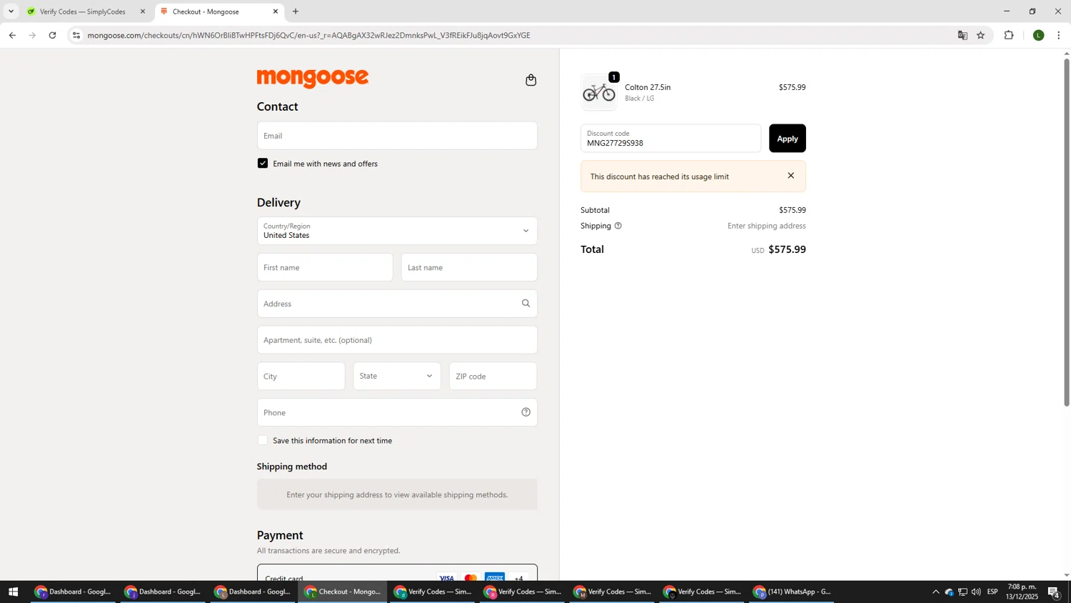 Mongoose promo code screenshot showing code MNG27729S938 applied at Mongoose checkout page. Uploaded by SimplyCodes community member DUCATI on Dec 13, 2025