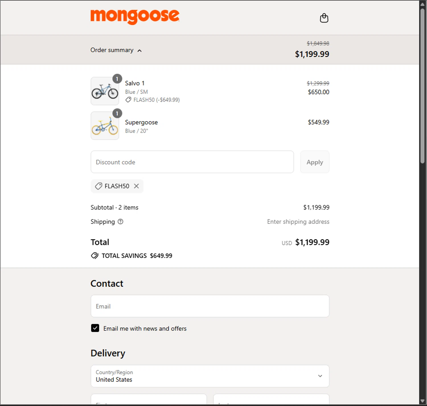Mongoose promo code screenshot showing code FLASH50 applied at Mongoose checkout page. Uploaded by SimplyCodes community member PillarsofCreation on Jul 3, 2025