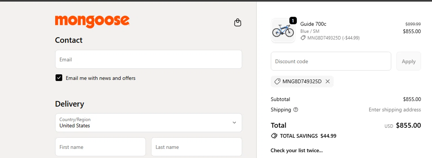 Mongoose promo code screenshot showing code MNG8D749325D applied at Mongoose checkout page. Uploaded by SimplyCodes community member ashe1986 on Dec 9, 2025