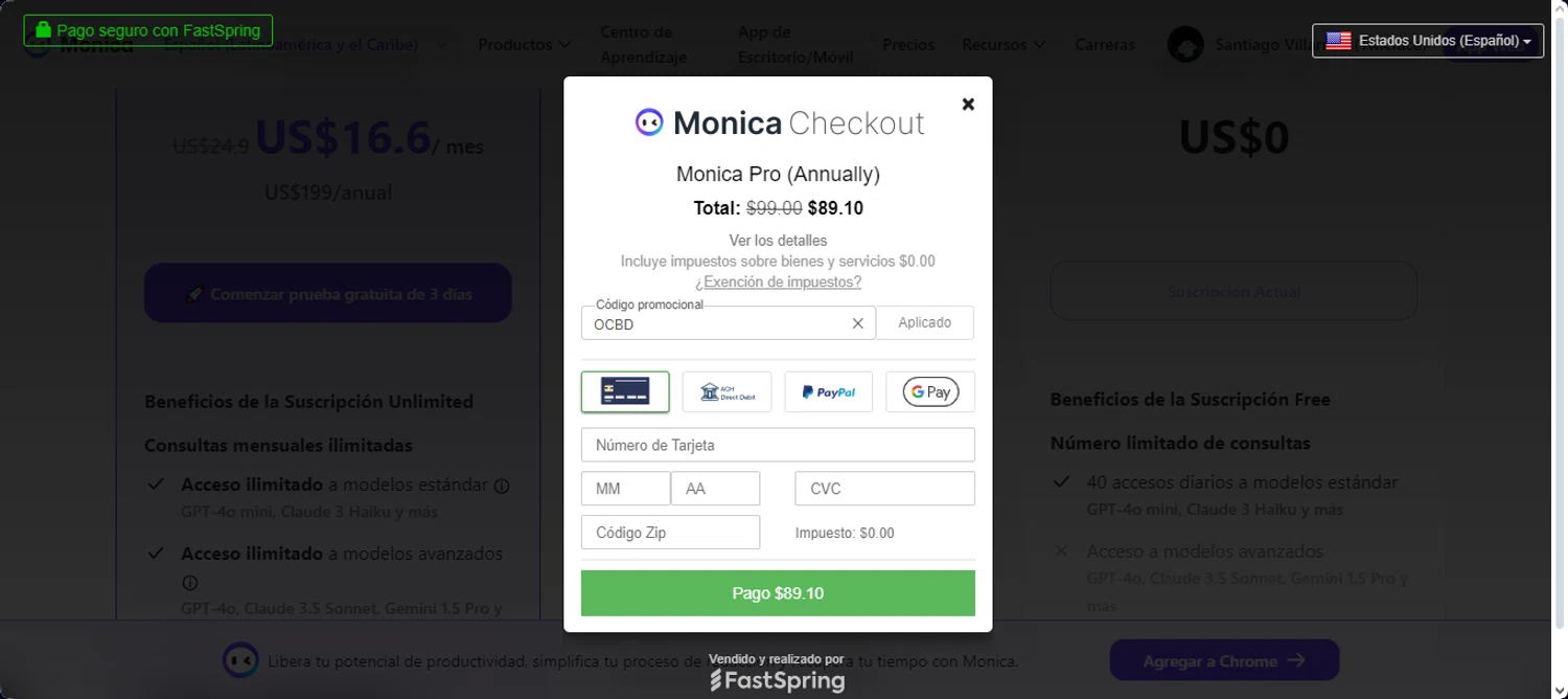 Monica checkout page showing Monica coupon code box | Screenshot taken by SimplyCodes community member on Oct 15, 2024
