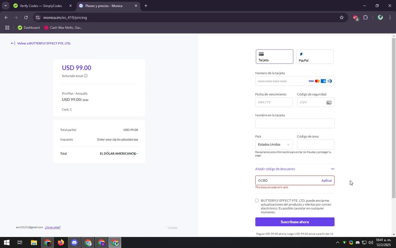 Monica coupon code screenshot showing code OCBD applied at Monica checkout page. Uploaded by SimplyCodes community member ScanGenius949 on Feb 12, 2025