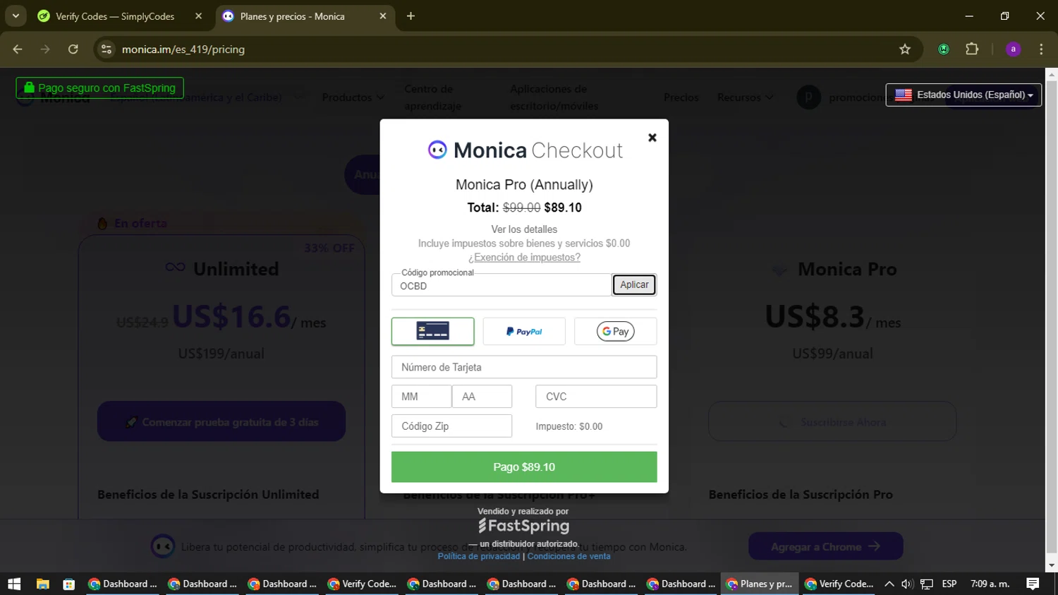 Monica checkout page showing Monica coupon code box | Screenshot taken by SimplyCodes community member on Aug 22, 2024