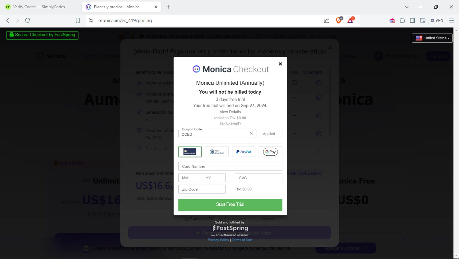Monica checkout page showing Monica coupon code box | Screenshot taken by SimplyCodes community member on Sep 25, 2024