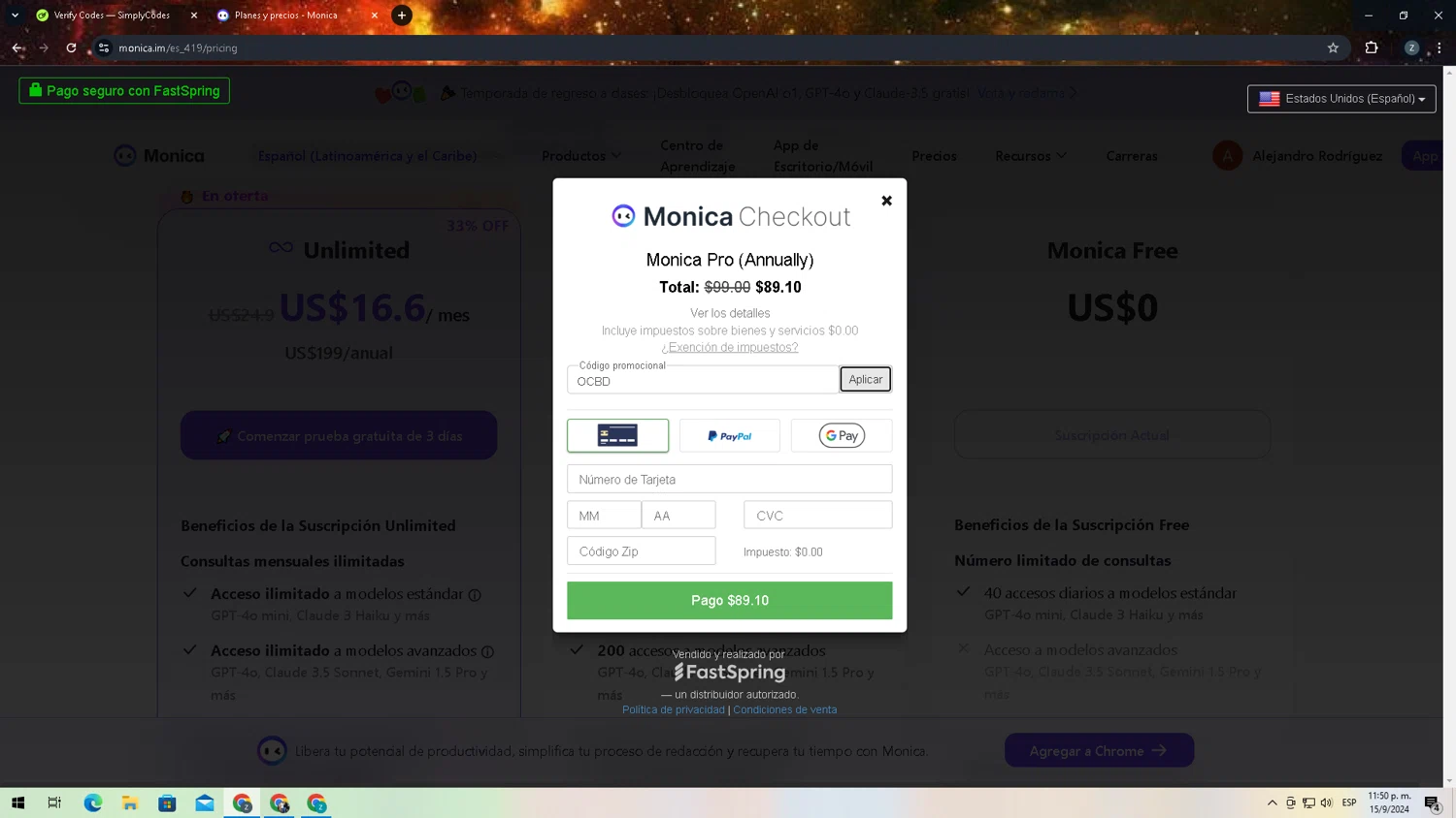 Monica checkout page showing Monica coupon code box | Screenshot taken by SimplyCodes community member on Sep 16, 2024