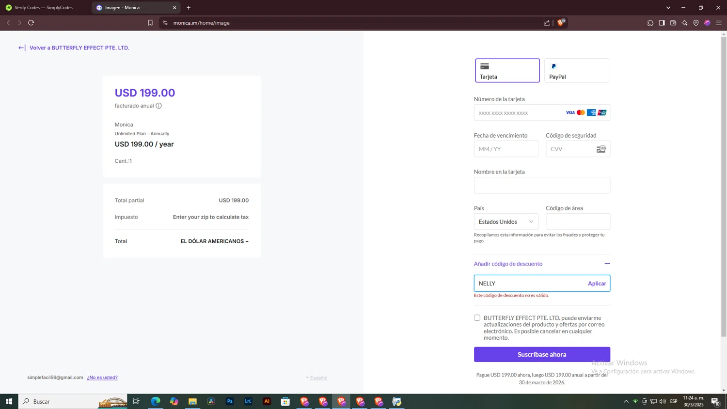 Monica coupon code screenshot showing code NELLY applied at Monica checkout page. Uploaded by SimplyCodes community member ArtPOPO on Mar 30, 2025