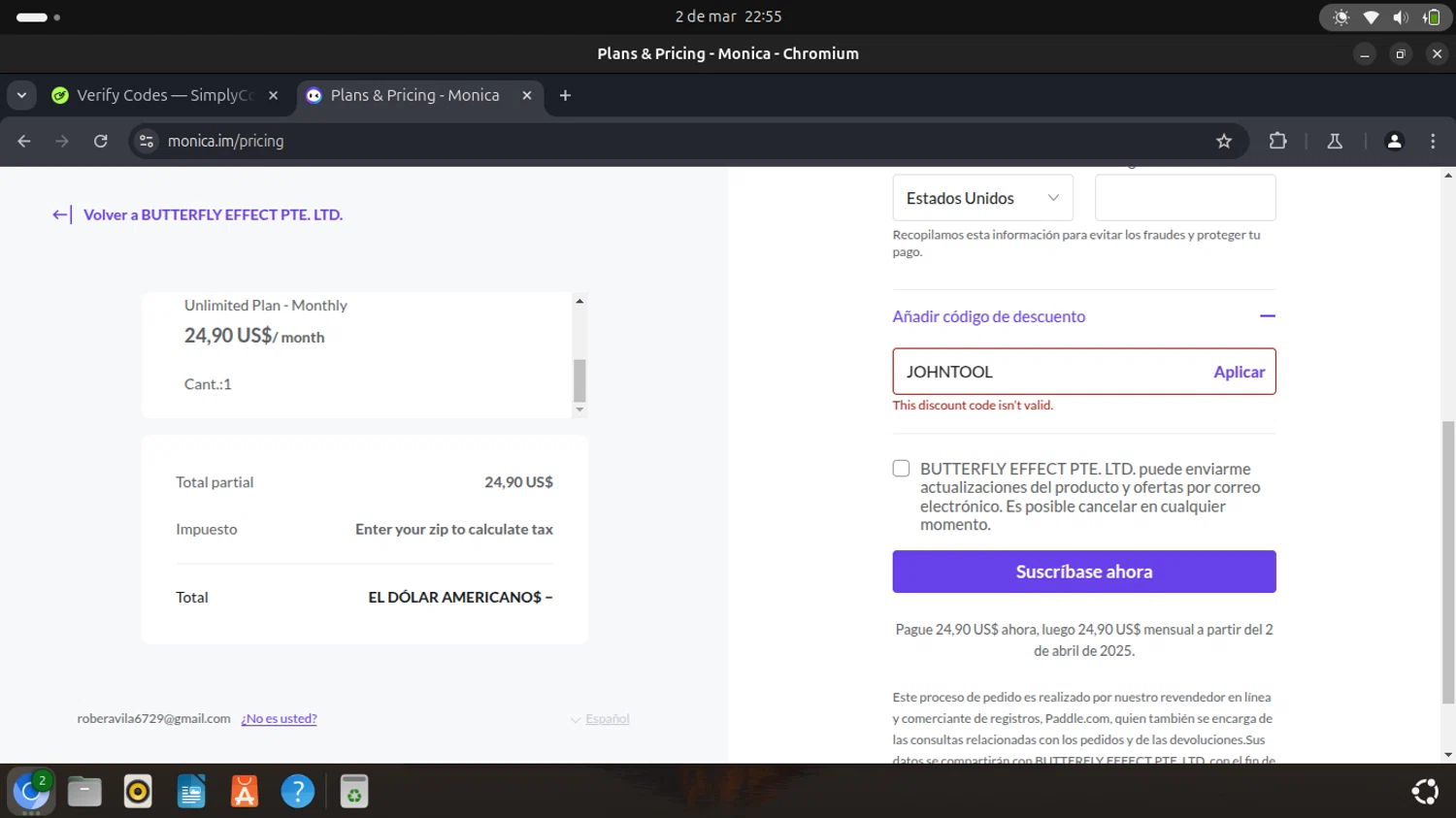 Monica coupon code screenshot showing code JOHNTOOL applied at Monica checkout page. Uploaded by SimplyCodes community member SAIKOO on Mar 3, 2025