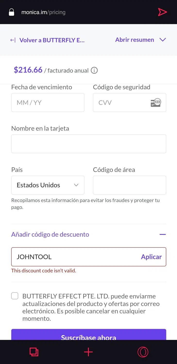Monica coupon code screenshot showing code JOHNTOOL applied at Monica checkout page. Uploaded by SimplyCodes community member FrugalCaptain6906 on Mar 12, 2025