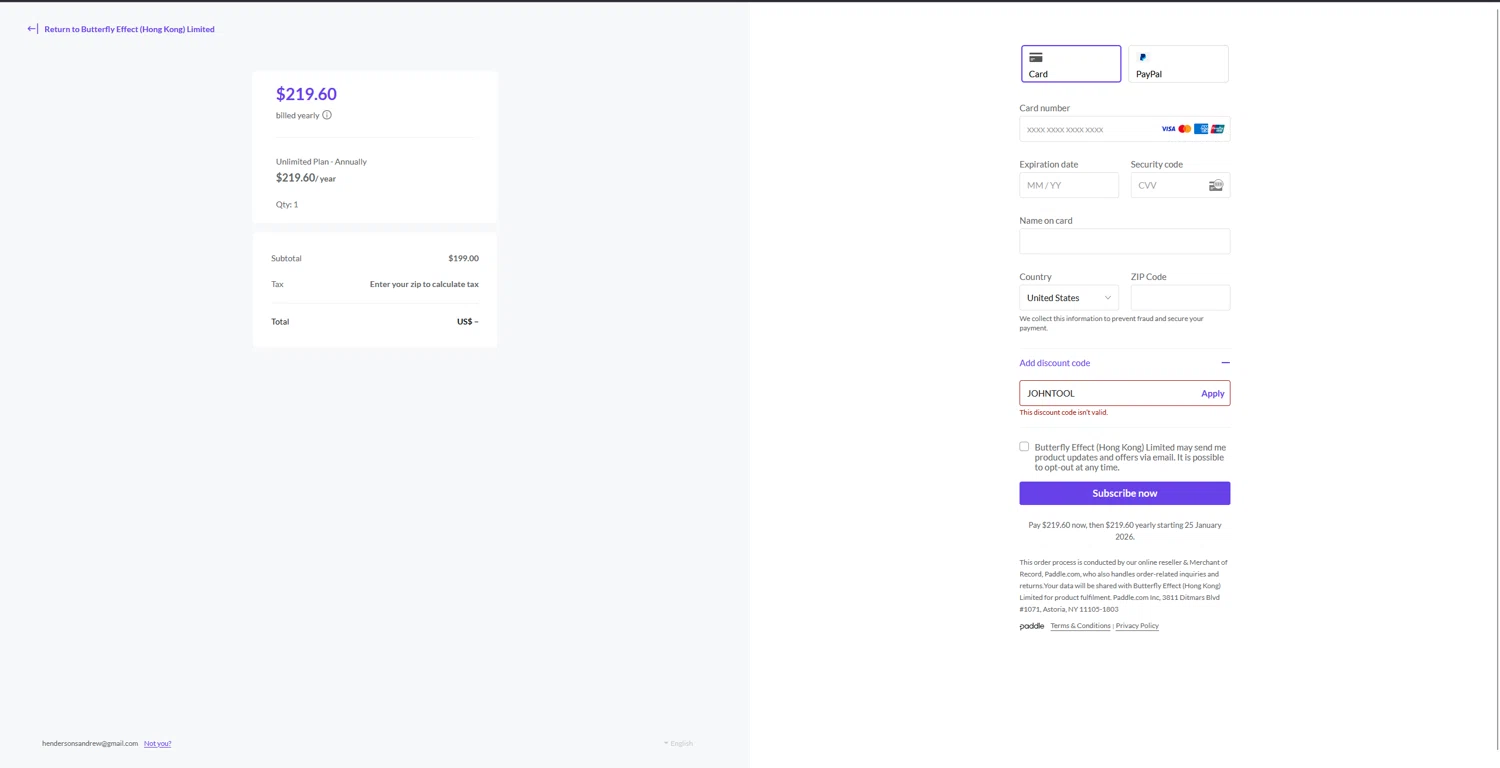 Monica coupon code screenshot showing code JOHNTOOL applied at Monica checkout page. Uploaded by SimplyCodes community member bluemoony on Jan 26, 2025