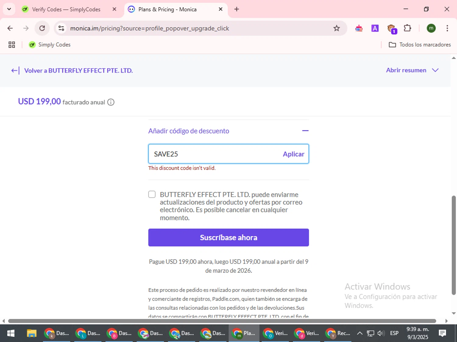 Monica coupon code screenshot showing code SAVE25 applied at Monica checkout page. Uploaded by SimplyCodes community member VoucherCollector9196 on Mar 9, 2025