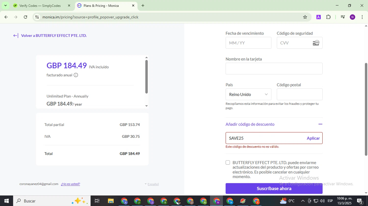 Monica coupon code screenshot showing code SAVE25 applied at Monica checkout page. Uploaded by SimplyCodes community member QuestOwl9632 on Mar 14, 2025