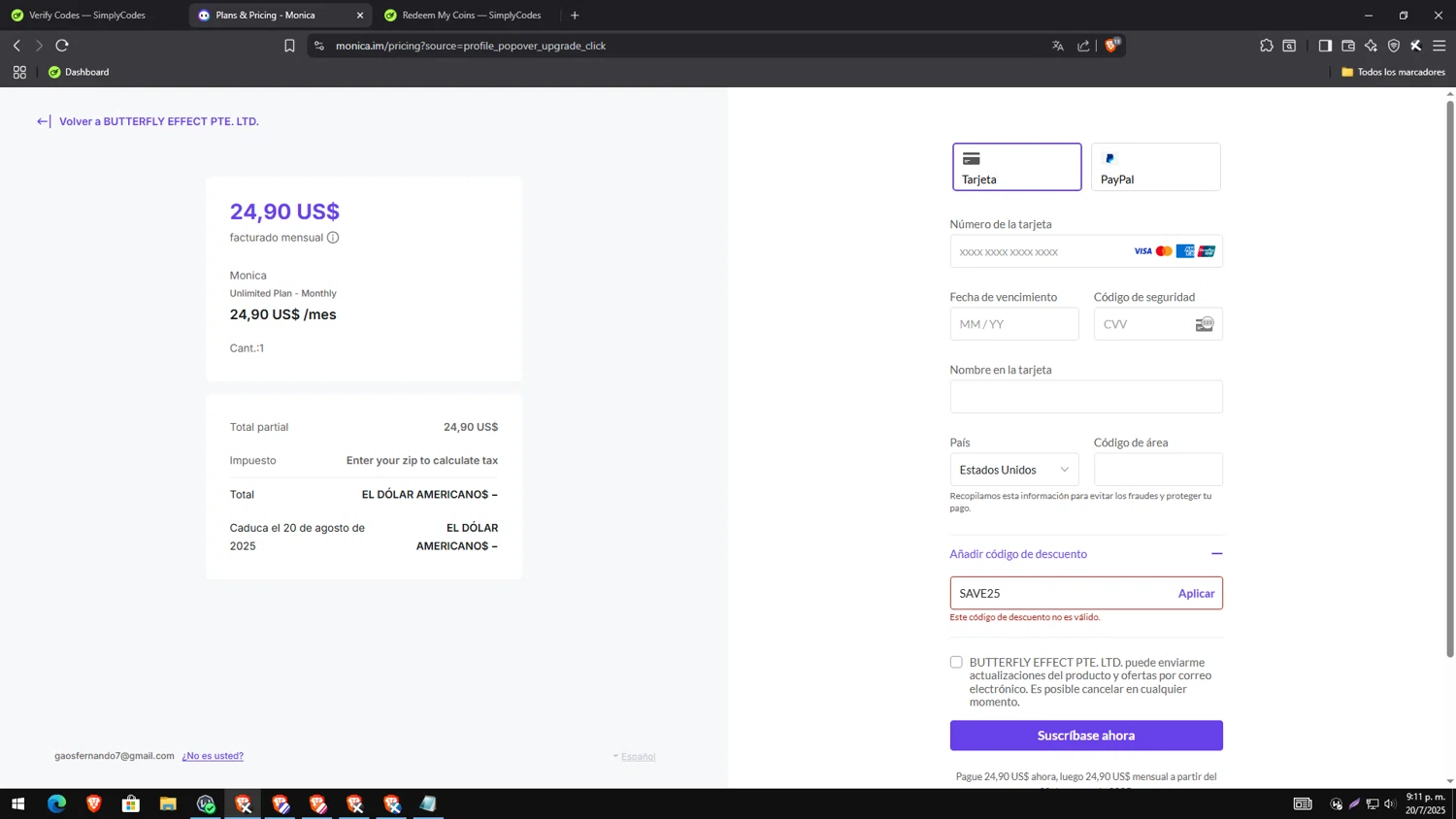 Monica coupon code screenshot showing code SAVE25 applied at Monica checkout page. Uploaded by SimplyCodes community member genesisgafaro on Jul 21, 2025