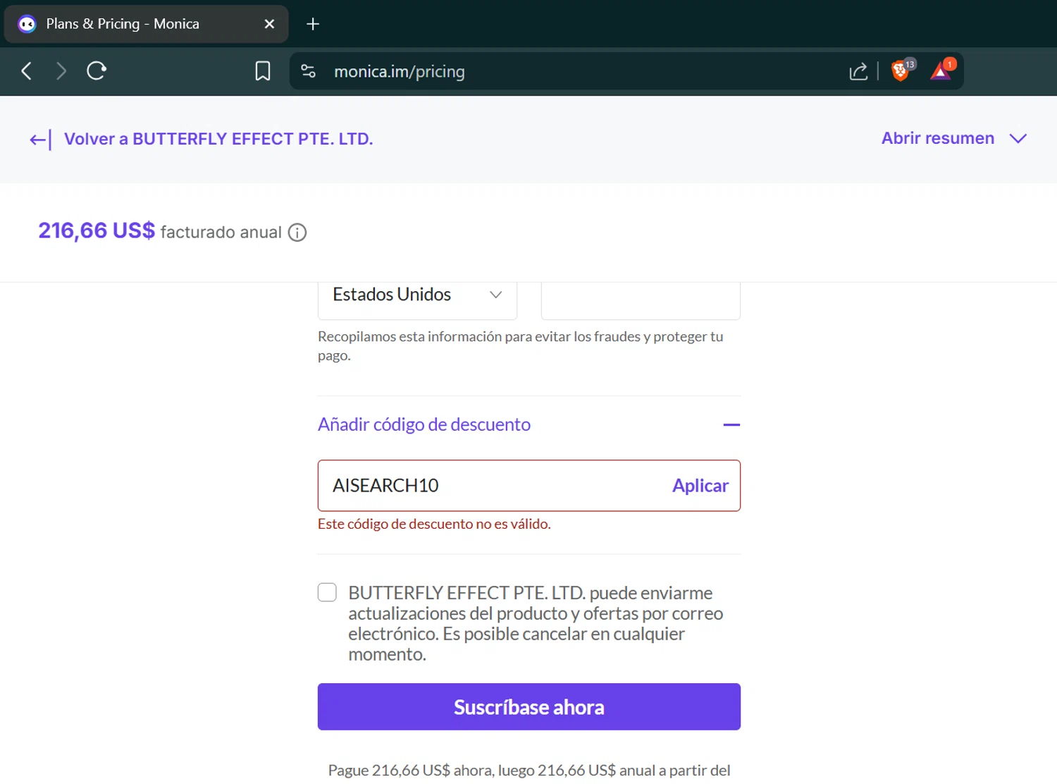 Monica coupon code screenshot showing code AISEARCH10 applied at Monica checkout page. Uploaded by SimplyCodes community member Jeffersontorrealba on Jul 21, 2025