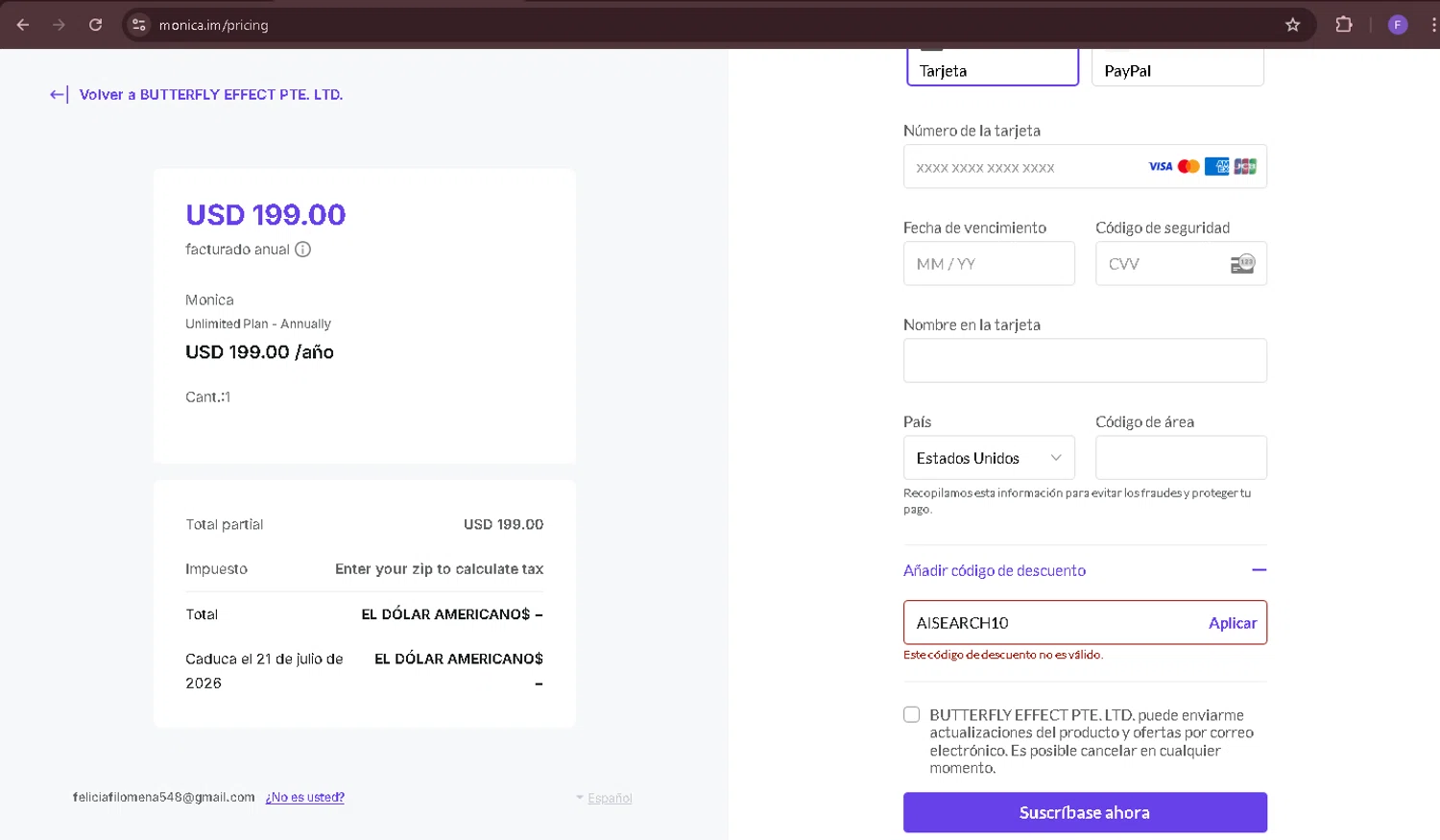 Monica coupon code screenshot showing code AISEARCH10 applied at Monica checkout page. Uploaded by SimplyCodes community member Richard2 on Jul 21, 2025