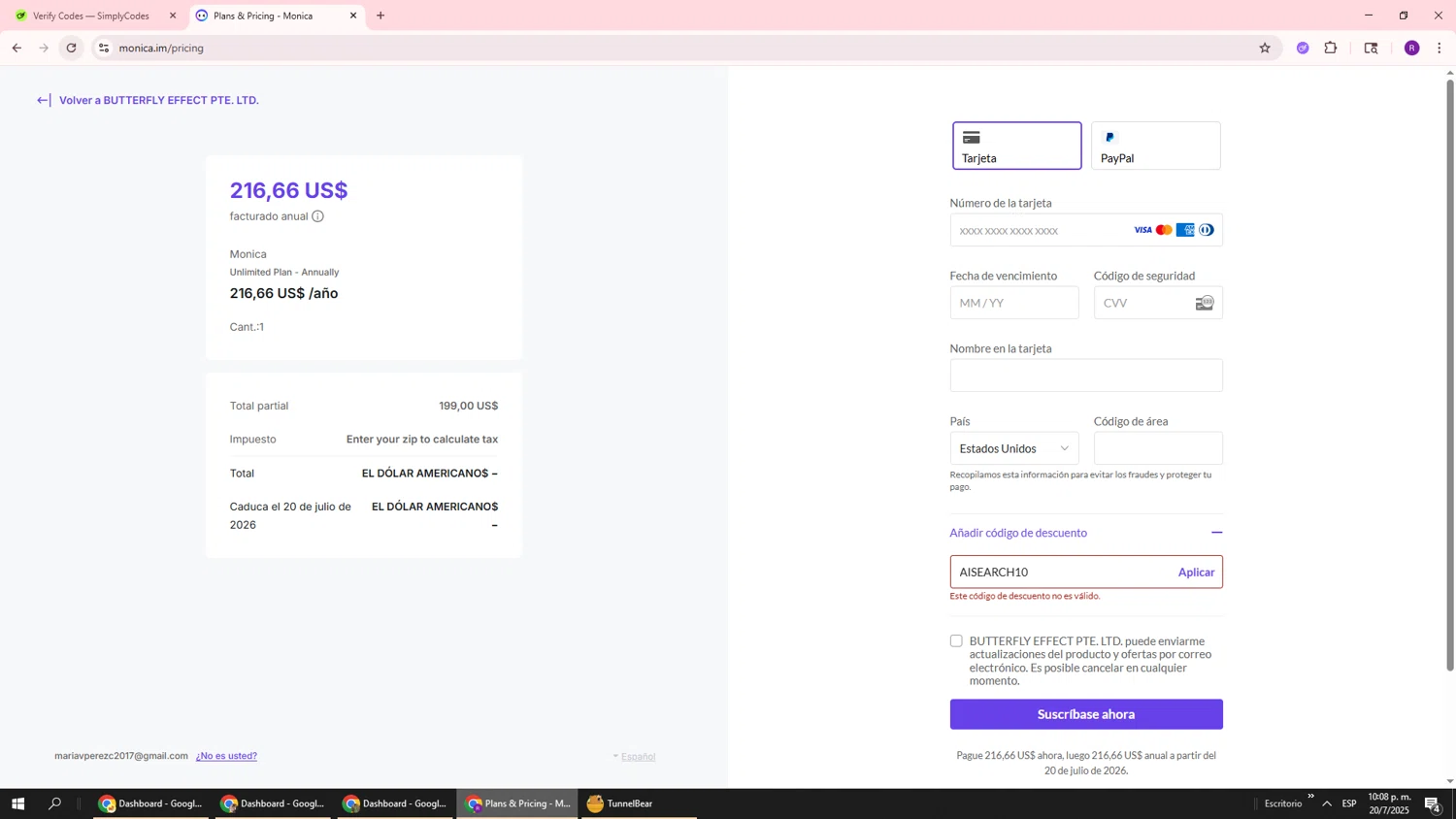 Monica coupon code screenshot showing code AISEARCH10 applied at Monica checkout page. Uploaded by SimplyCodes community member ukemochi on Jul 21, 2025