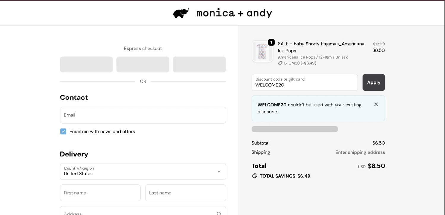 Monica + Andy promo code screenshot showing code WELCOME20 applied at Monica + Andy checkout page. Uploaded by SimplyCodes community member CodeExpert7814 on Dec 11, 2025
