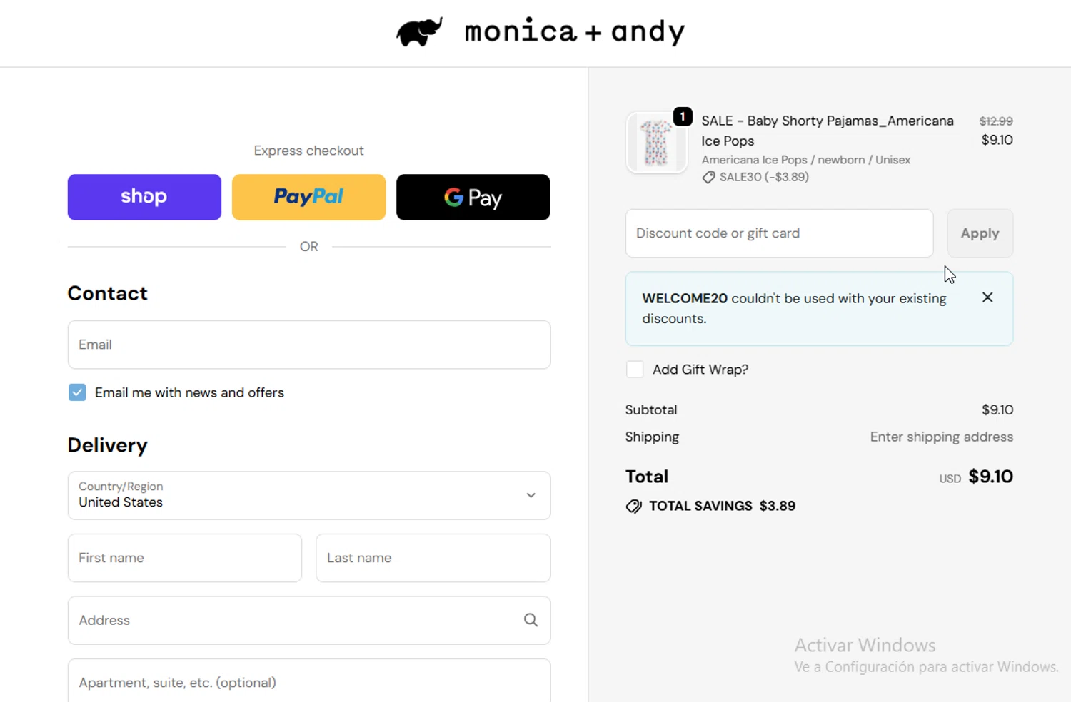 Monica + Andy promo code screenshot showing code WELCOME20 applied at Monica + Andy checkout page. Uploaded by SimplyCodes community member ligthYA on Dec 17, 2025