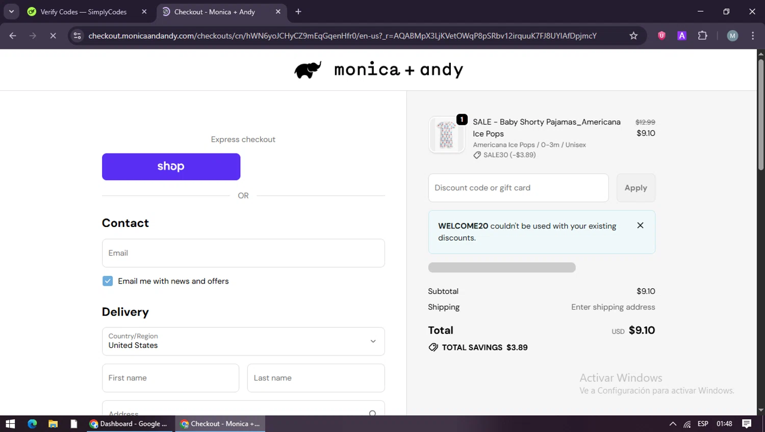 Monica + Andy promo code screenshot showing code WELCOME20 applied at Monica + Andy checkout page. Uploaded by SimplyCodes community member maraxo on Dec 29, 2025