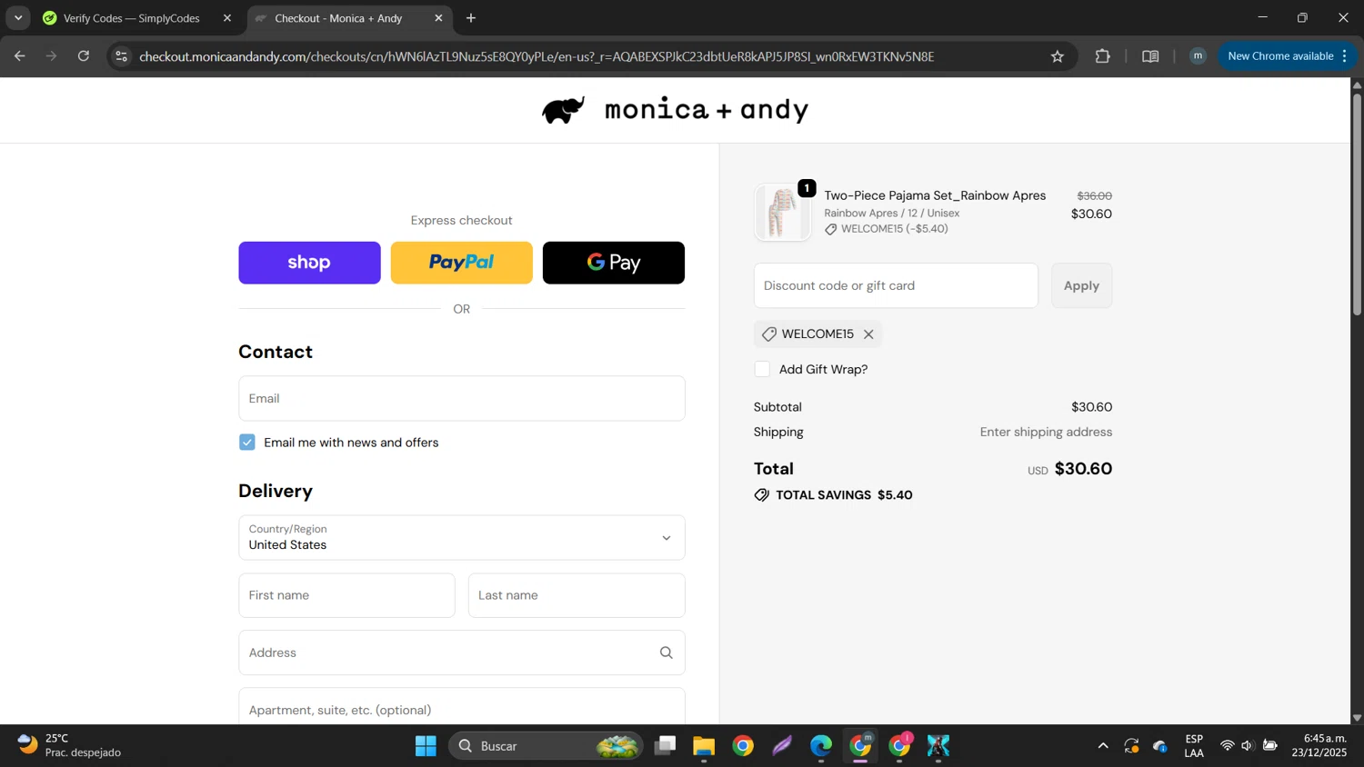 Monica + Andy promo code screenshot showing code WELCOME15 applied at Monica + Andy checkout page. Uploaded by SimplyCodes community member DTBERA2024 on Dec 23, 2025