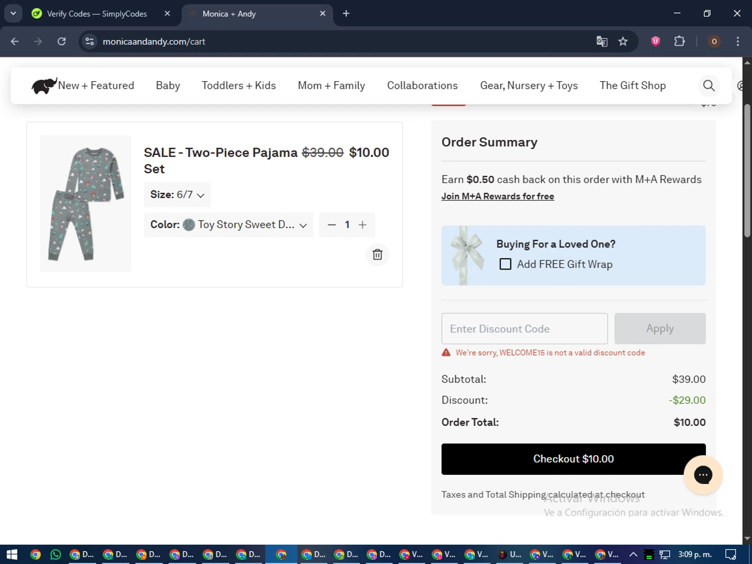 Monica + Andy promo code screenshot showing code WELCOME15 applied at Monica + Andy checkout page. Uploaded by SimplyCodes community member LegendaryAdmiral8649 on Dec 11, 2025