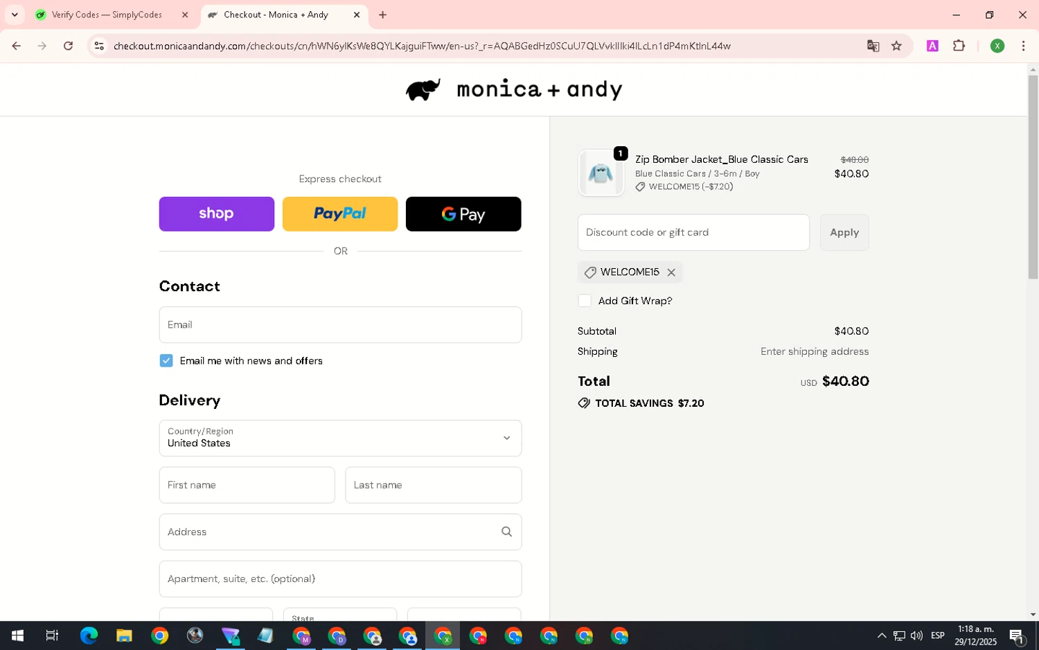 Monica + Andy promo code screenshot showing code WELCOME15 applied at Monica + Andy checkout page. Uploaded by SimplyCodes community member SaleTiger1087 on Dec 29, 2025