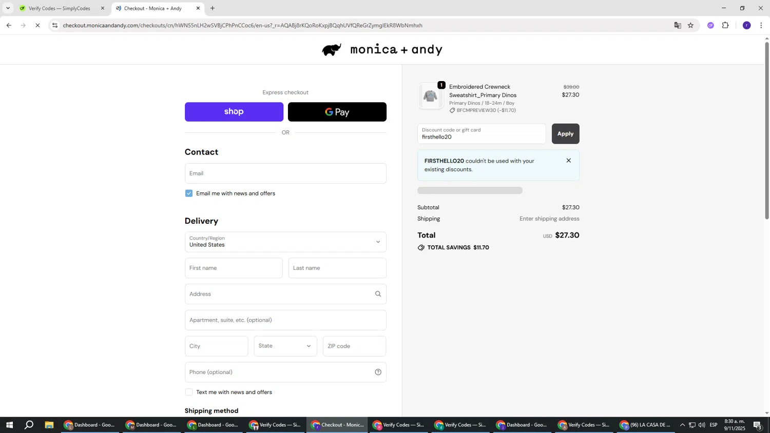 Monica + Andy promo code screenshot showing code firsthello20 applied at Monica + Andy checkout page. Uploaded by SimplyCodes community member AberthGotopo on Nov 9, 2025