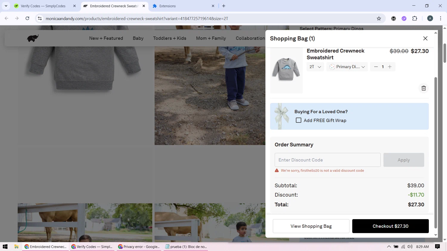 Monica + Andy promo code screenshot showing code firsthello20 applied at Monica + Andy checkout page. Uploaded by SimplyCodes community member BonusMonarch7015 on Nov 9, 2025