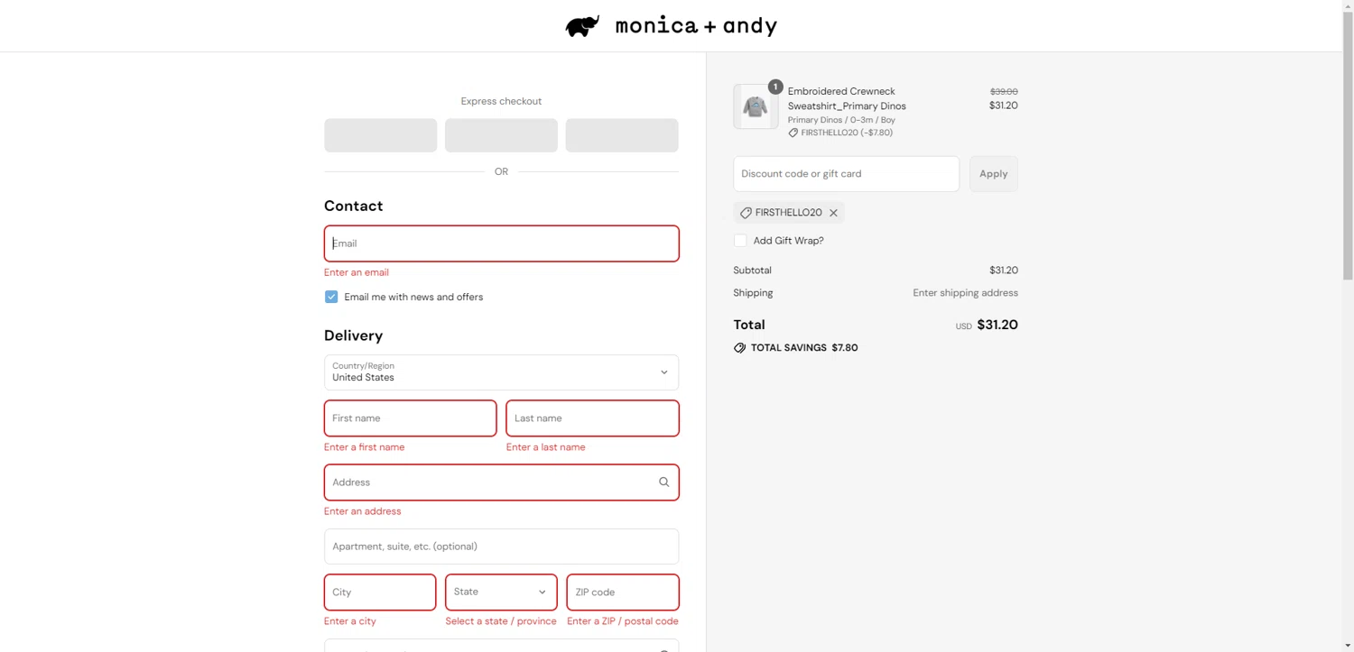 Monica + Andy promo code screenshot showing code firsthello20 applied at Monica + Andy checkout page. Uploaded by SimplyCodes community member SilverChaser3269 on Aug 29, 2025