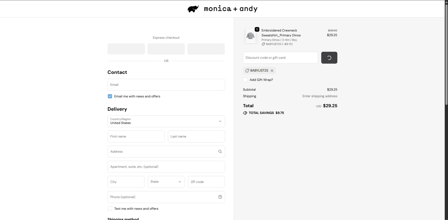 Monica + Andy promo code screenshot showing code BABYLIST25 applied at Monica + Andy checkout page. Uploaded by SimplyCodes community member FrugalBoss8266 on Dec 29, 2025