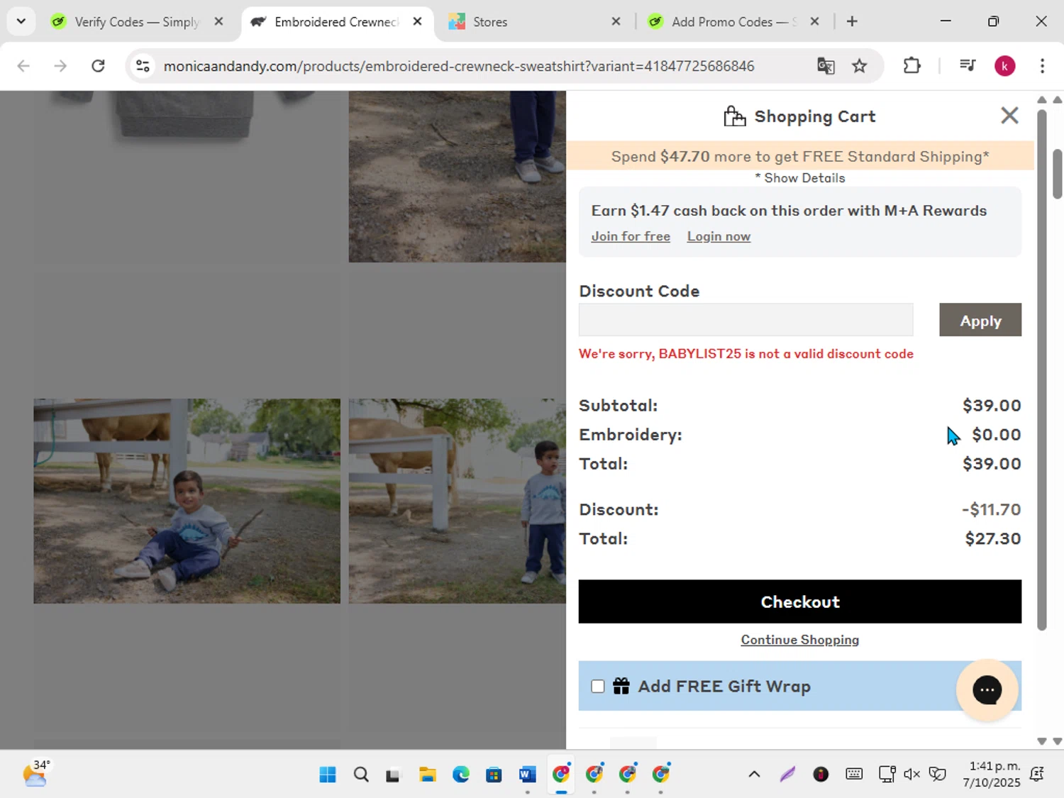 Monica + Andy promo code screenshot showing code BABYLIST25 applied at Monica + Andy checkout page. Uploaded by SimplyCodes community member karoline on Oct 7, 2025