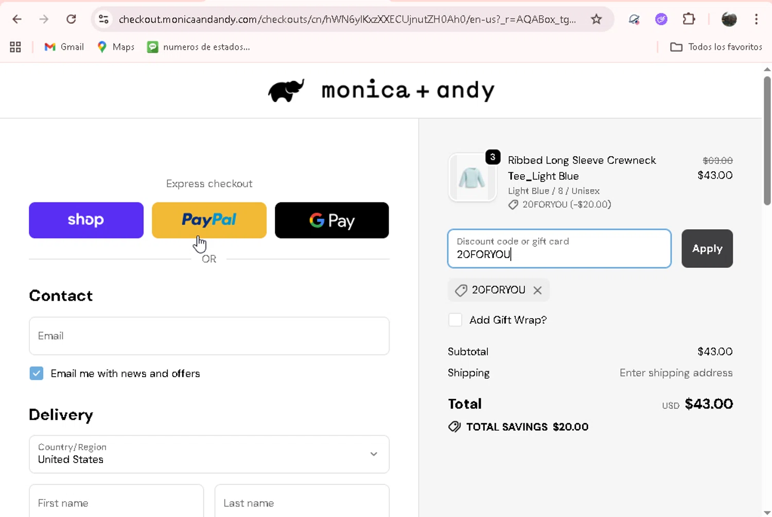 Monica + Andy checkout page showing Monica + Andy promo code box | Screenshot taken by SimplyCodes community member on Dec 29, 2025