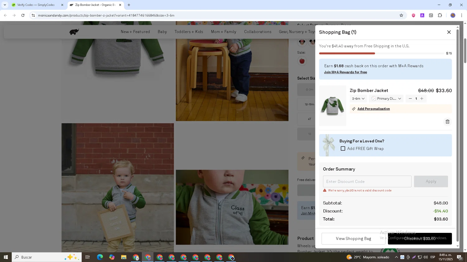 Monica + Andy promo code screenshot showing code ybc20 applied at Monica + Andy checkout page. Uploaded by SimplyCodes community member Papotico on Nov 15, 2025