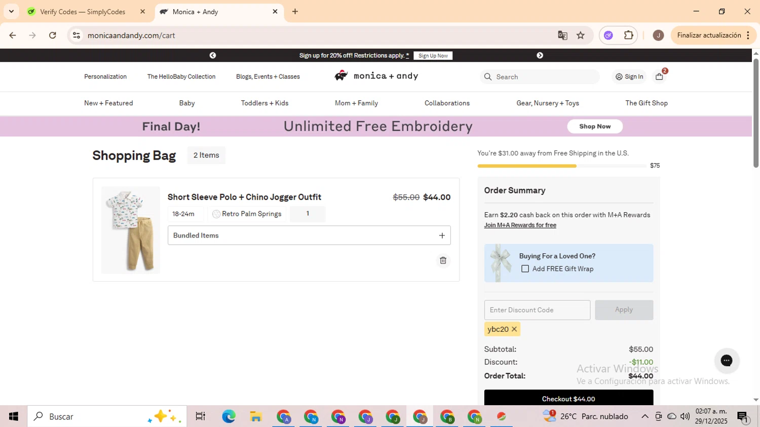 Monica + Andy promo code screenshot showing code ybc20 applied at Monica + Andy checkout page. Uploaded by SimplyCodes community member ValiantHero2365 on Dec 29, 2025