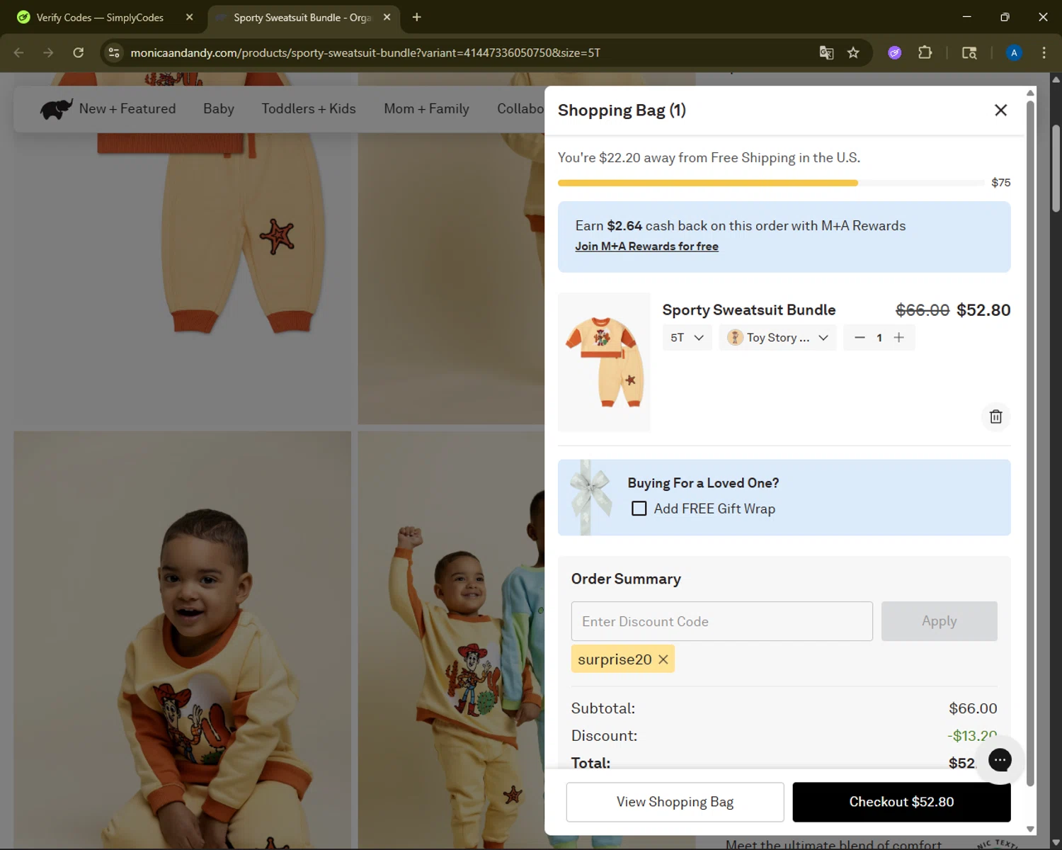 Monica + Andy checkout page showing Monica + Andy promo code box | Screenshot taken by SimplyCodes community member on Dec 29, 2025