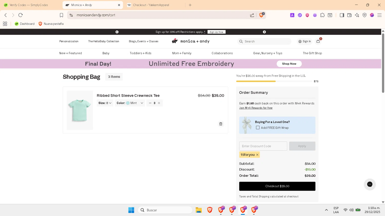 Monica + Andy checkout page showing Monica + Andy promo code box | Screenshot taken by SimplyCodes community member on Dec 29, 2025