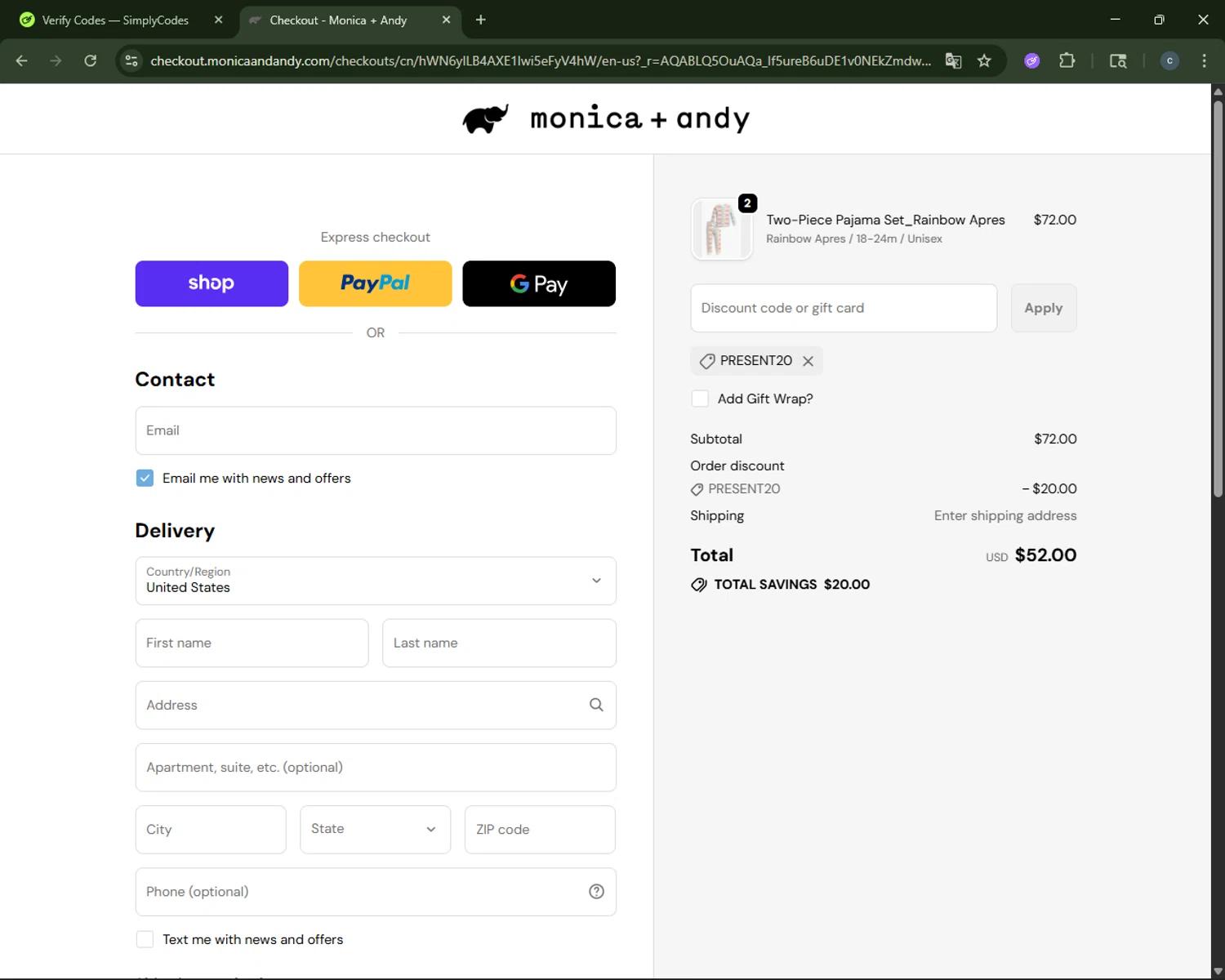 Monica + Andy checkout page showing Monica + Andy promo code box | Screenshot taken by SimplyCodes community member on Dec 29, 2025