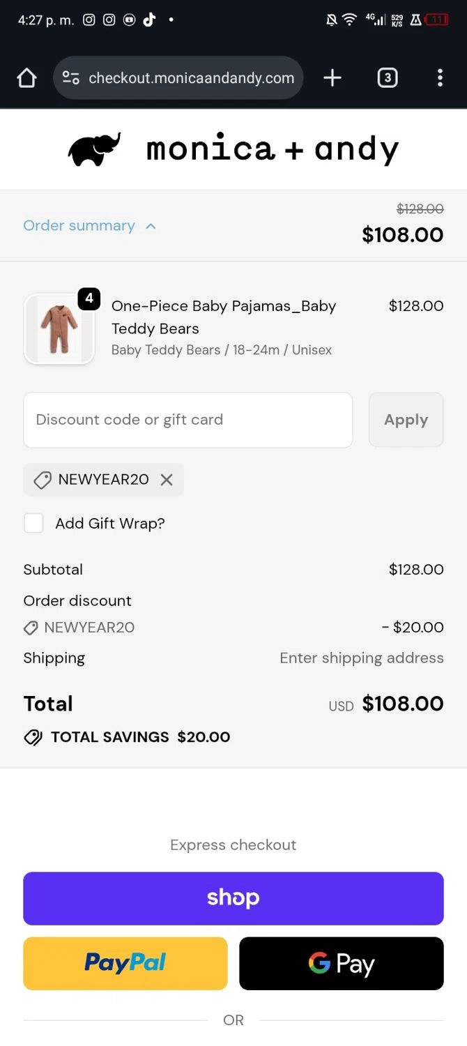 Monica + Andy checkout page showing Monica + Andy promo code box | Screenshot taken by SimplyCodes community member on Dec 30, 2025